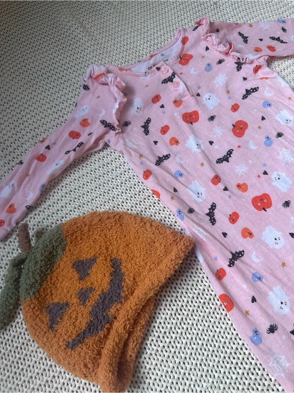 6-12 Months Pink Halloween Print Romper with Snaps + Pumpkin Hat